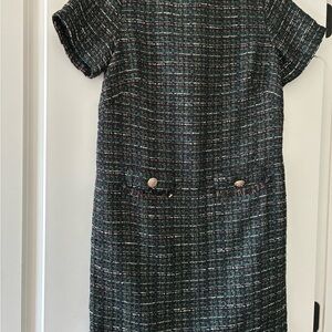 LOFT Tweed Shift Dress in Black and Teal Multi